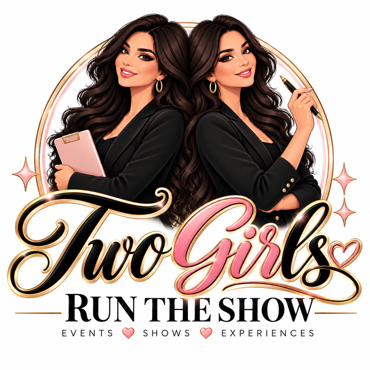 Two Girls Run the Show logo featuring two dark-haired women